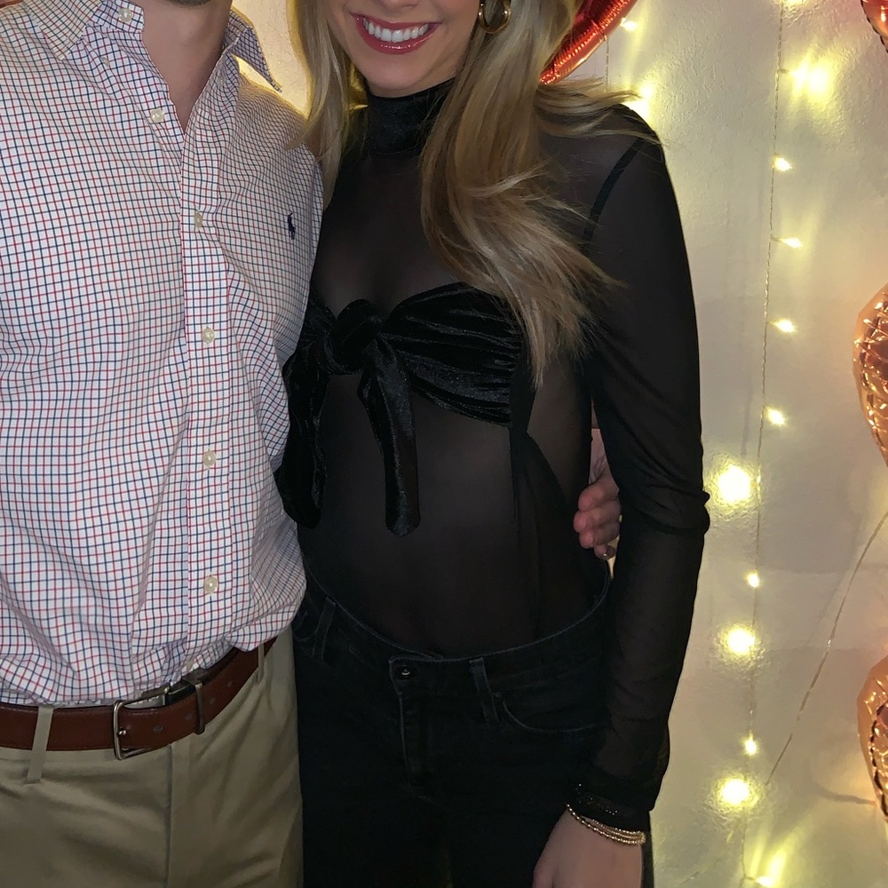 Black Mesh Bodysuit w Velvet Details